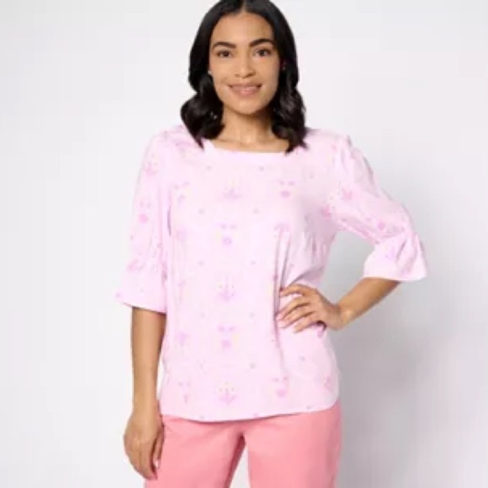 NWOT D&Co QVC Pink Floral Print Top Womens Size Medium Ruffle Bell Sleeve Blouse - Picture 3 of 9